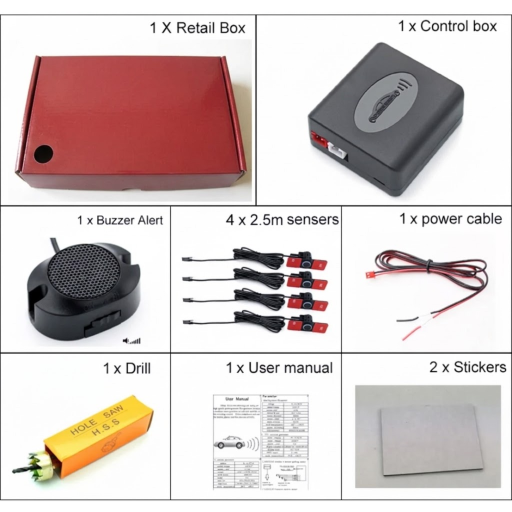 Flush-Fit Parking Sensor Kit contents: retail box, control box, buzzer, four 2.5 m sensors, power cable, hole saw drill, user manual and two stickers