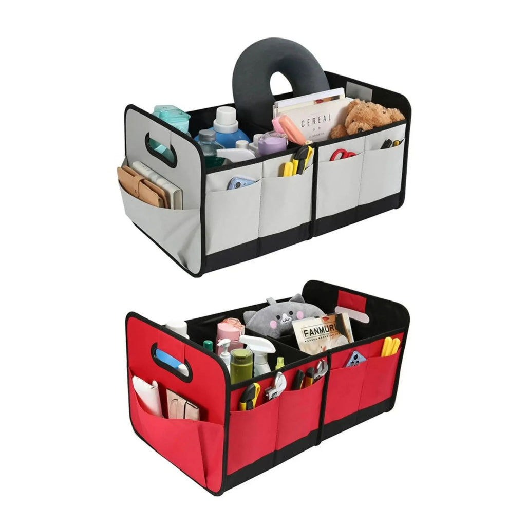 Grey and red foldable boot organisers filled with household items including a neck pillow, drink bottles, a teddy bear and a magazine