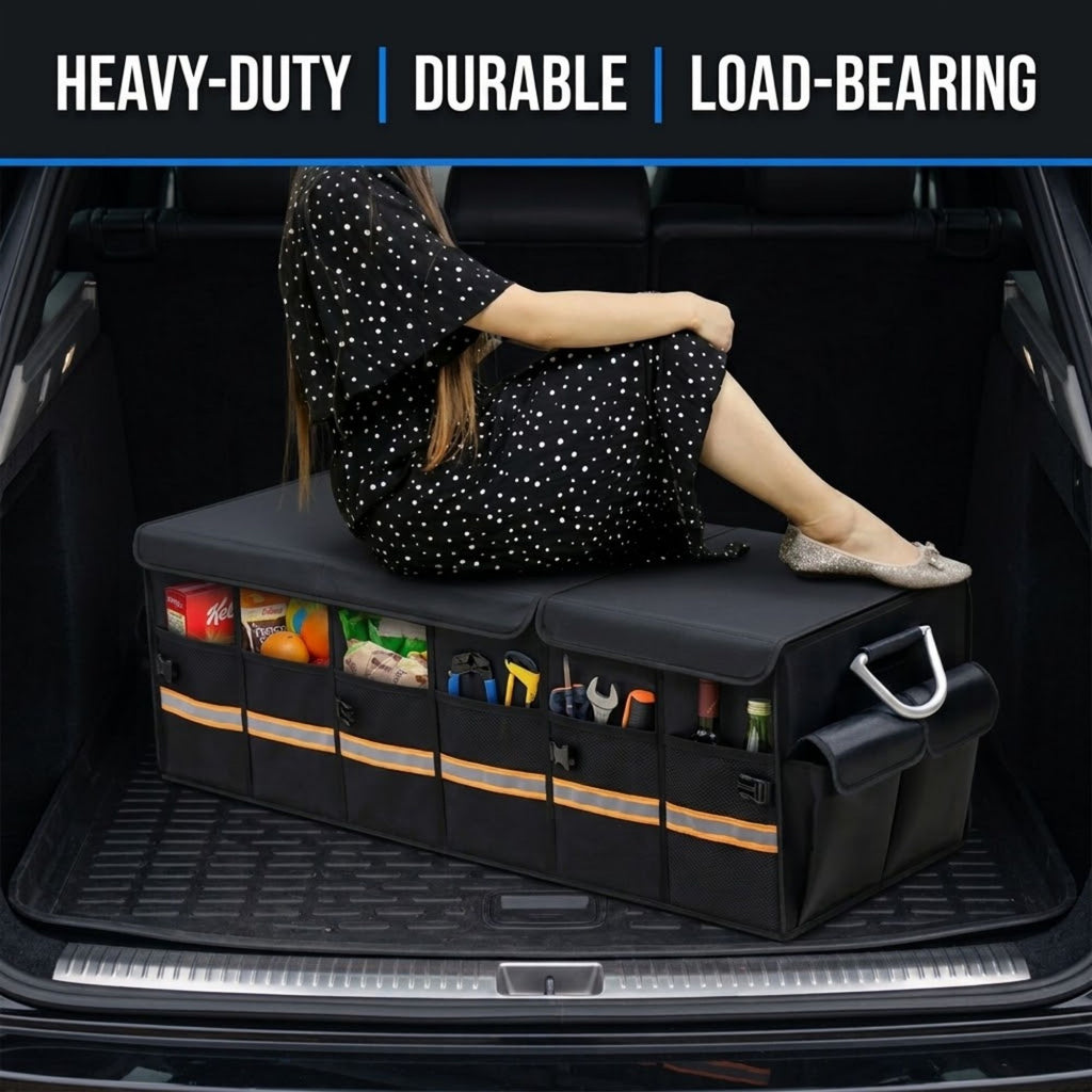 A black car trunk organizer with multiple utility pockets sits inside the open trunk of a vehicle. A woman in a black dress with white polka dots sits on the organizer, demonstrating its use.