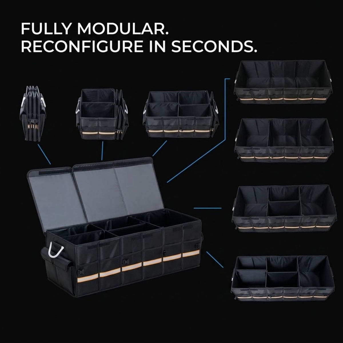 Black modular storage organizer bins with beige trim, shown in multiple configurations including folded, open with compartments, and arranged in rows on a black background. White text at the top reads 'FULLY MODULAR.