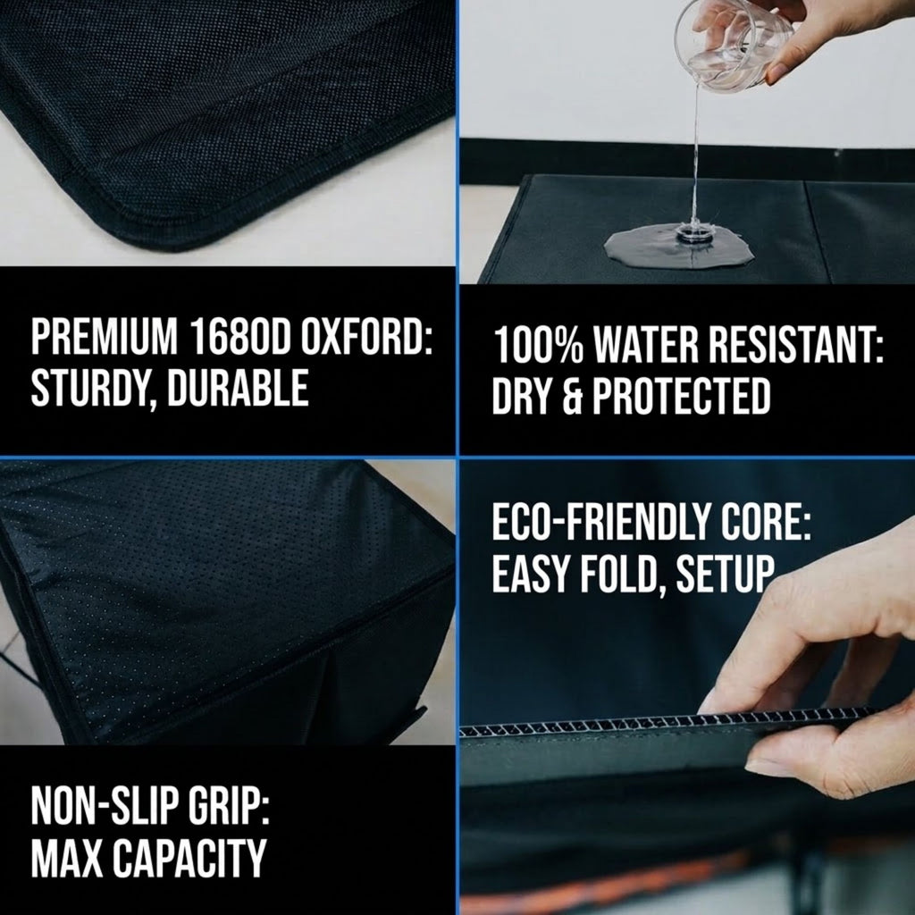 A four-panel promotional graphic showing a black fabric organizer bag from different angles with text callouts: premium 1680D Oxford fabric, 100% water resistant, eco-friendly core, and non-slip grip.