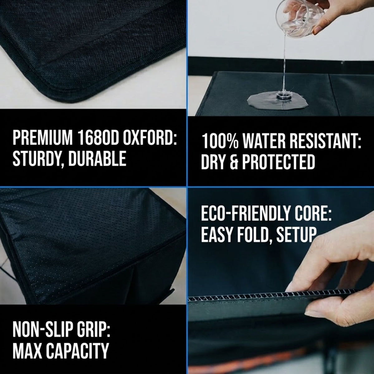 A four-panel promotional graphic showing a black fabric organizer bag from different angles with text callouts: premium 1680D Oxford fabric, 100% water resistant, eco-friendly core, and non-slip grip.