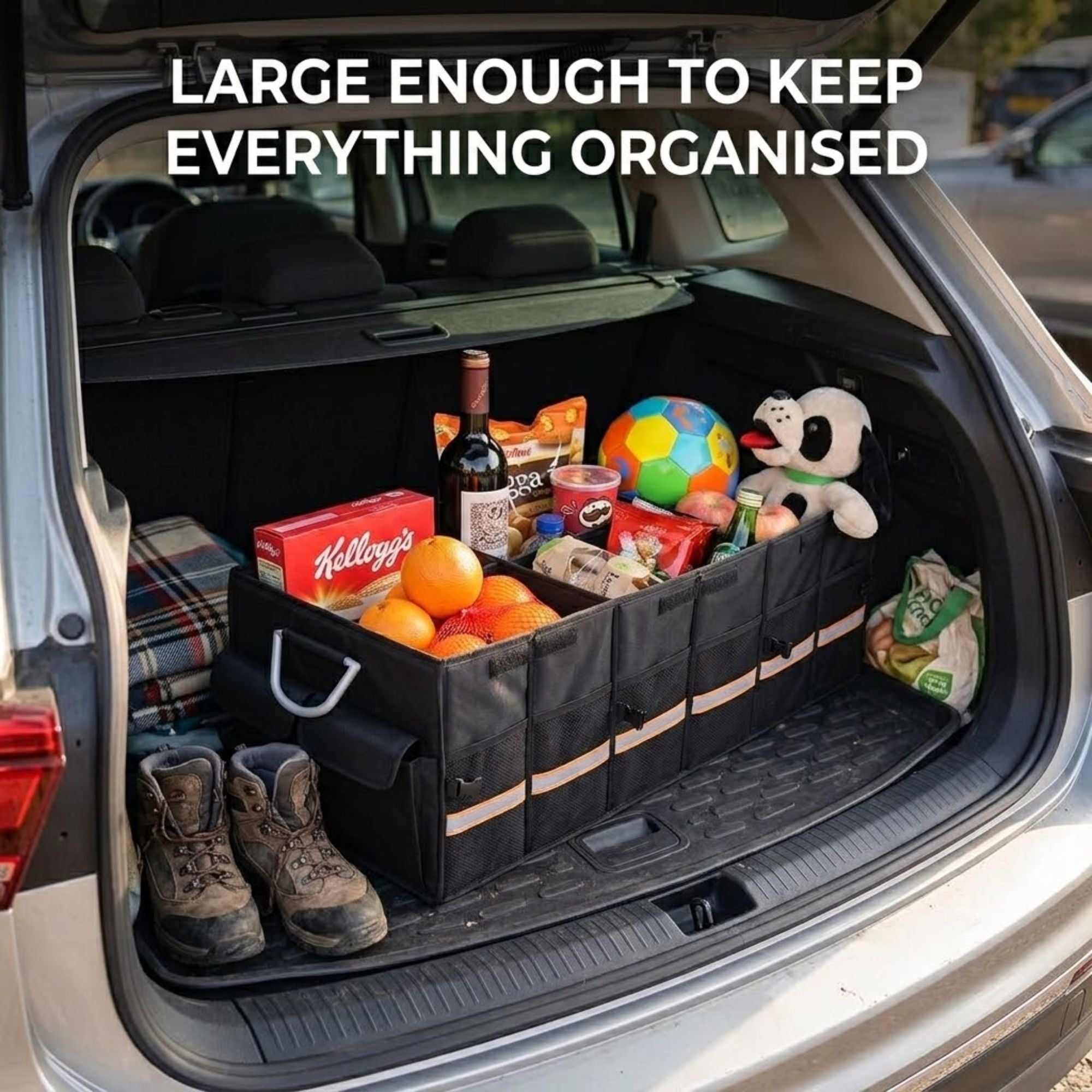 A black fabric car trunk organizer basket with beige trim, shown inside the open trunk of a silver SUV. The organizer is filled with various items including a box of Kellogg's, oranges, a soccer ball, a plush toy, and hiking boots.