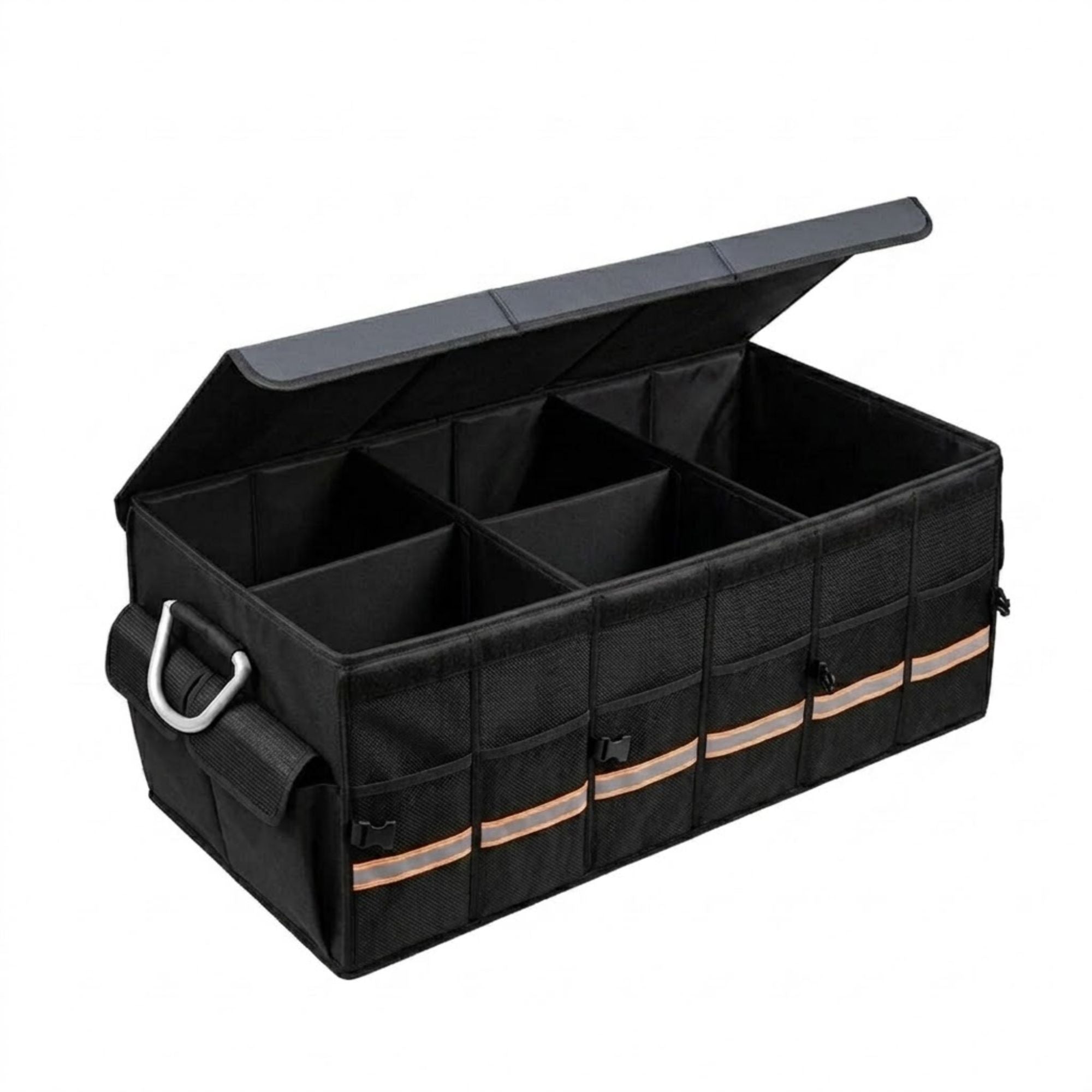 A black plastic and fabric utility organizer box with a hinged lid, shown open to reveal multiple internal compartments. The organizer features a front pocket with reflective silver stripes and a silver metal D-ring handle, set against a plain white background.