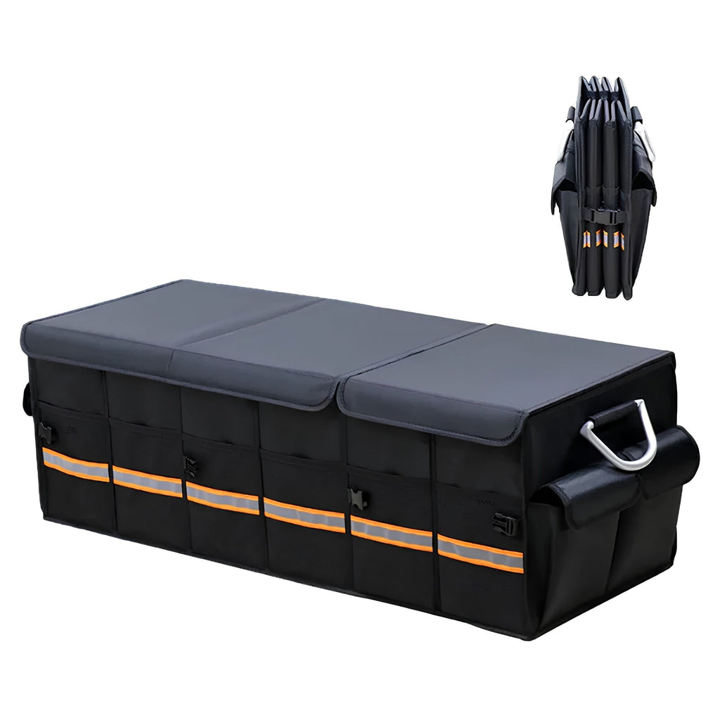 A black convertible car trunk organizer bench with multiple front utility pockets and reflective orange-and-white stripes, shown on a white background with a small inset of the folded version.