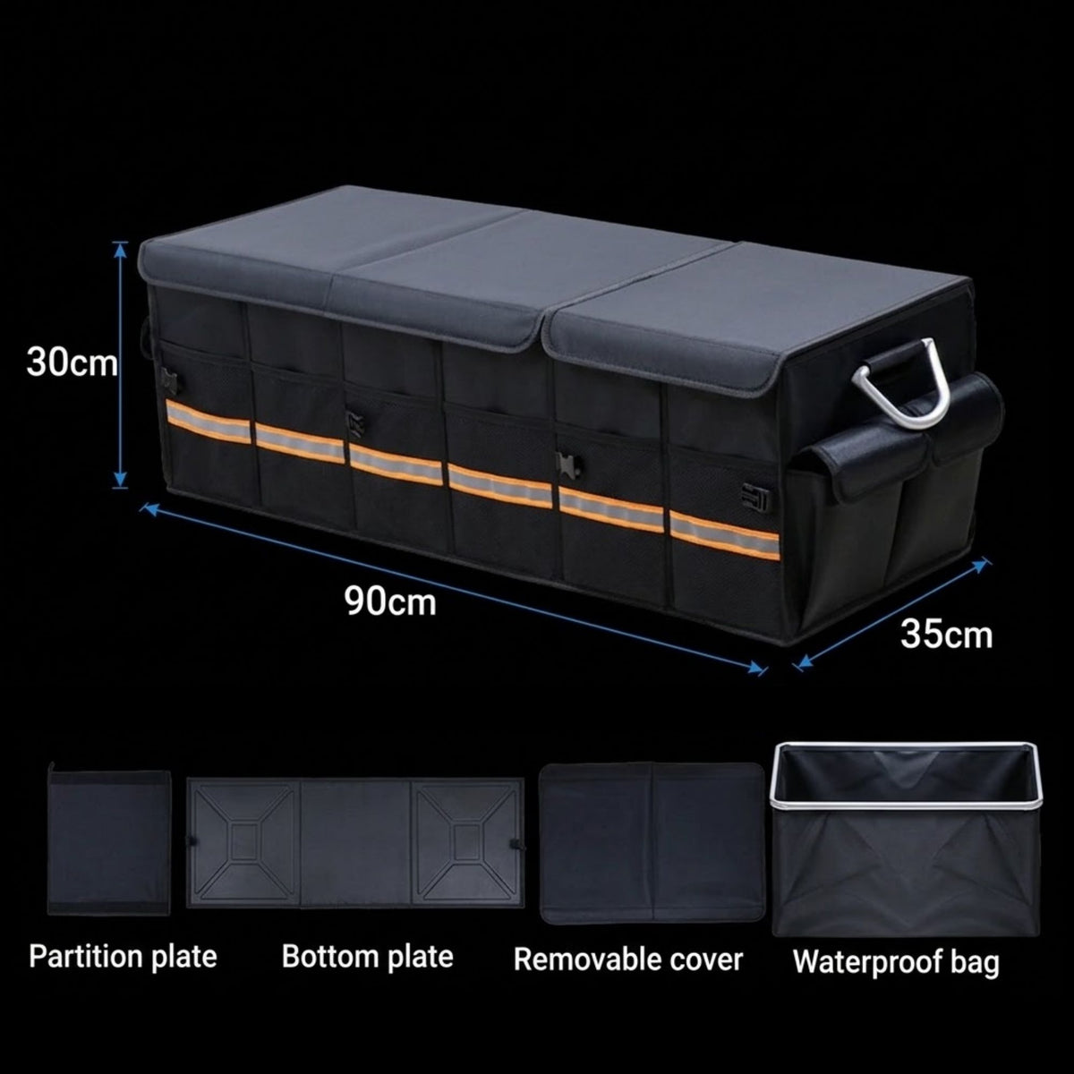 Black car trunk organizer storage bag with orange reflective striping, shown with dimension labels (30cm, 90cm, 35cm) and small inset views of included parts: partition plate, bottom plate, removable cover, and waterproof bag, on a black background.