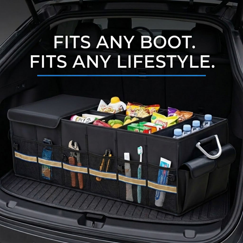 A black car trunk boot organizer filled with snacks, tools, and bottles, shown inside an open car trunk with the text 'FITS ANY BOOT. FITS ANY LIFESTYLE.