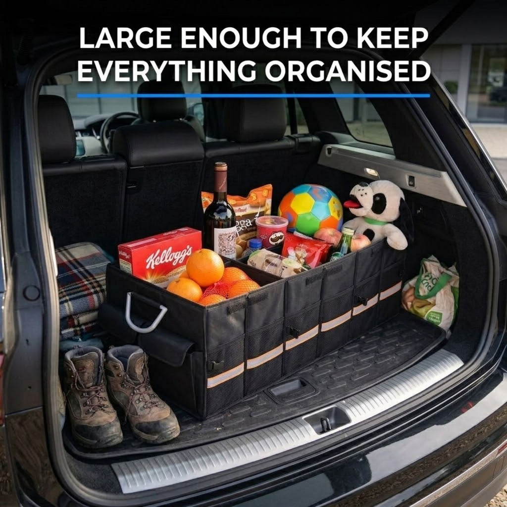 A black fabric car trunk organizer basket filled with groceries and toys, shown in the open trunk of a vehicle. Large white text at the top reads 'LARGE ENOUGH TO KEEP EVERYTHING ORGANISED'.
