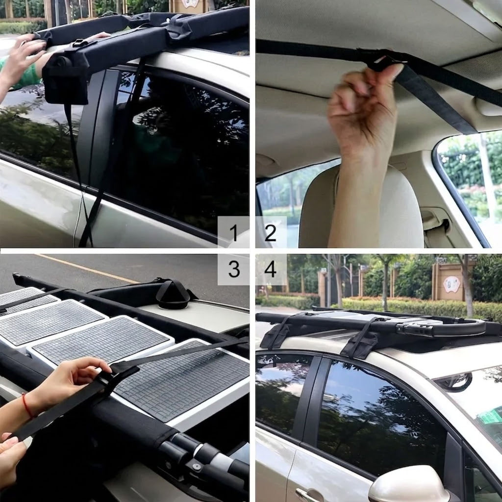 Four-step guide for fitting the Foldable Roof Rack: securing straps inside the door and around the roof