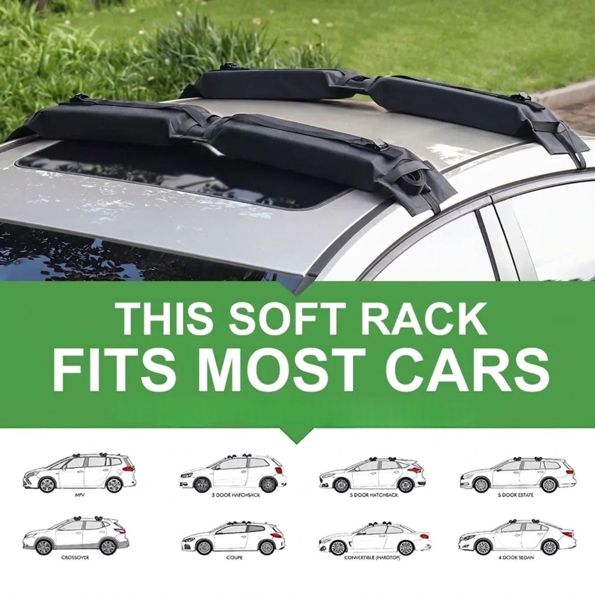 Foldable Roof Rack soft pads strapped across a car roof, shown fitting hatchbacks, sedans, estates and crossovers