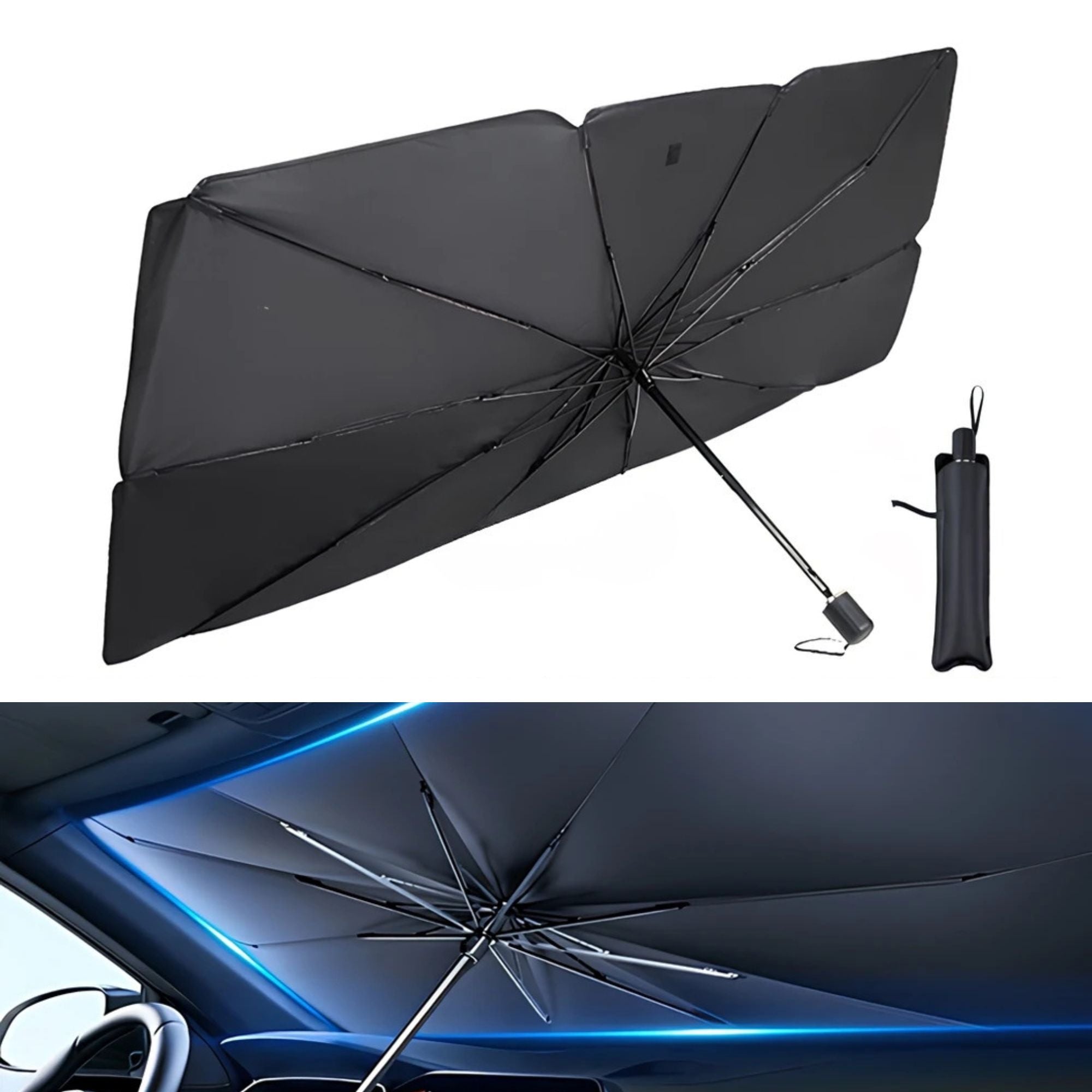 Foldable Windscreen Sun Umbrella shown open with carry pouch and folded storage case, plus a lifestyle photo installed inside a car windscreen with a glowing blue edge highlight