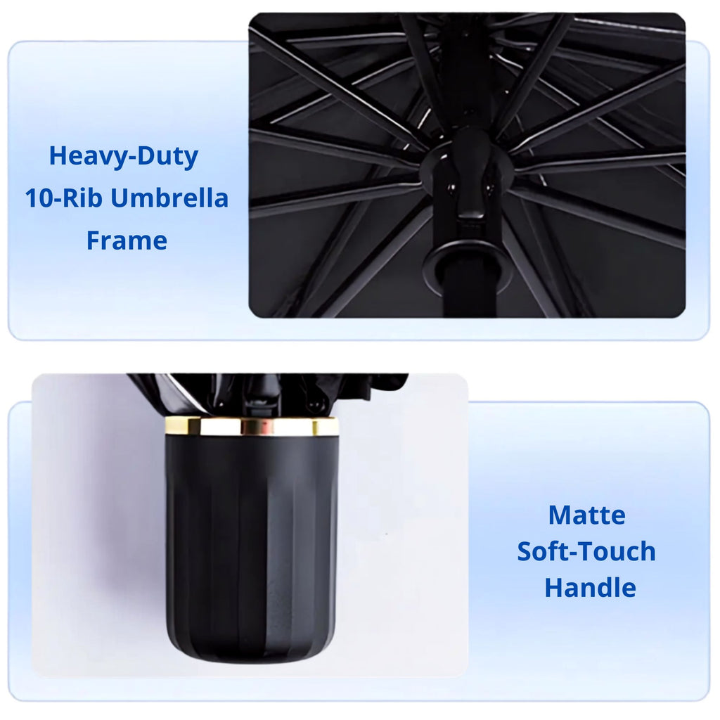 Foldable Windscreen Sun Umbrella telescopic design close-up showing the extendable pole stored compactly in a car boot for effortless space-saving storage