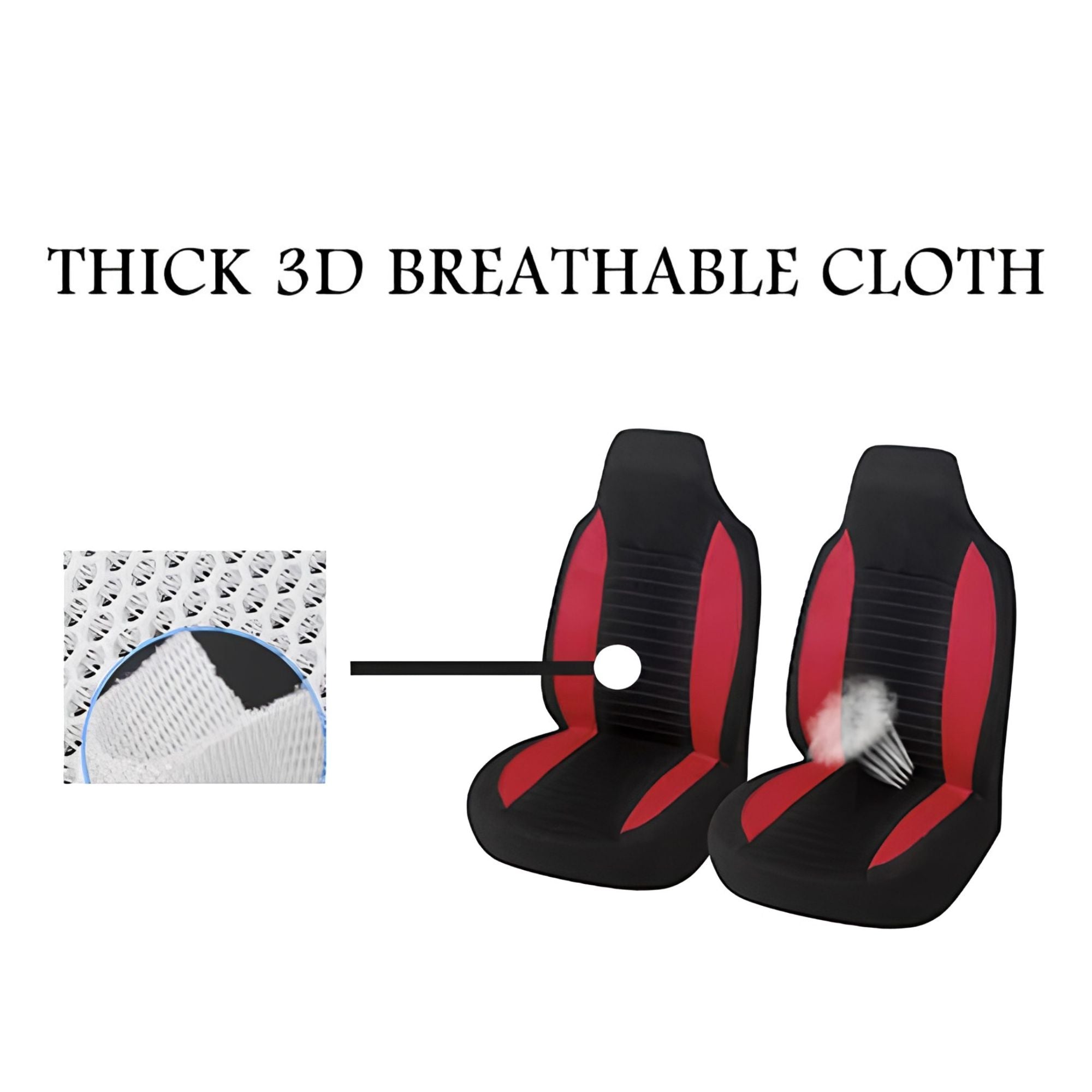 Thick 3D Breathable Cloth diagram showing the mesh fabric weave beside a pair of red and black seat covers, one with airflow arrows