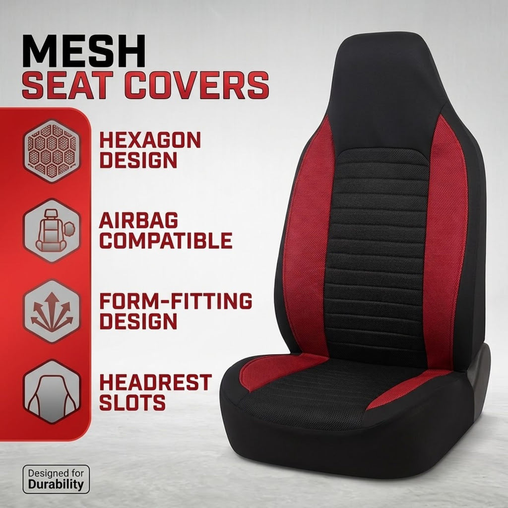 Mesh Seat Covers infographic showing a red and black seat cover with hexagon design, airbag compatibility, form-fitting design and headrest slots