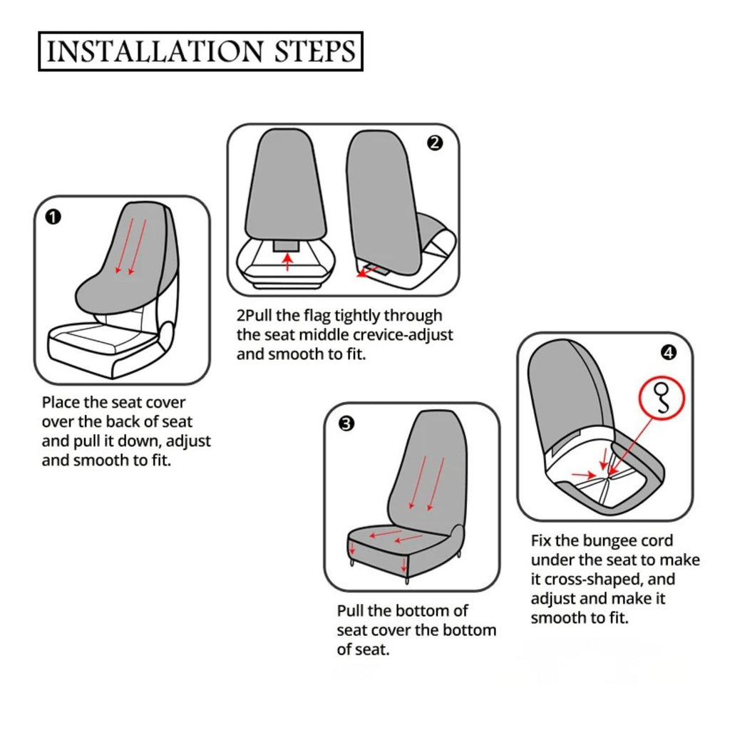 Four-step installation diagram for fitting the front bucket seat cover, from placing it over the seat to securing the bungee cord