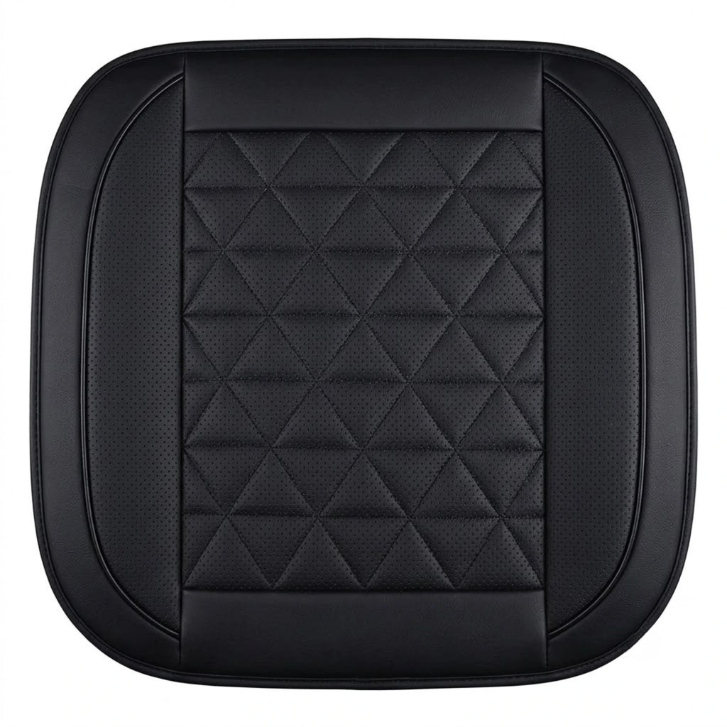 Front Seat Cushion Cover in black with diamond quilting, shown from above on a white background