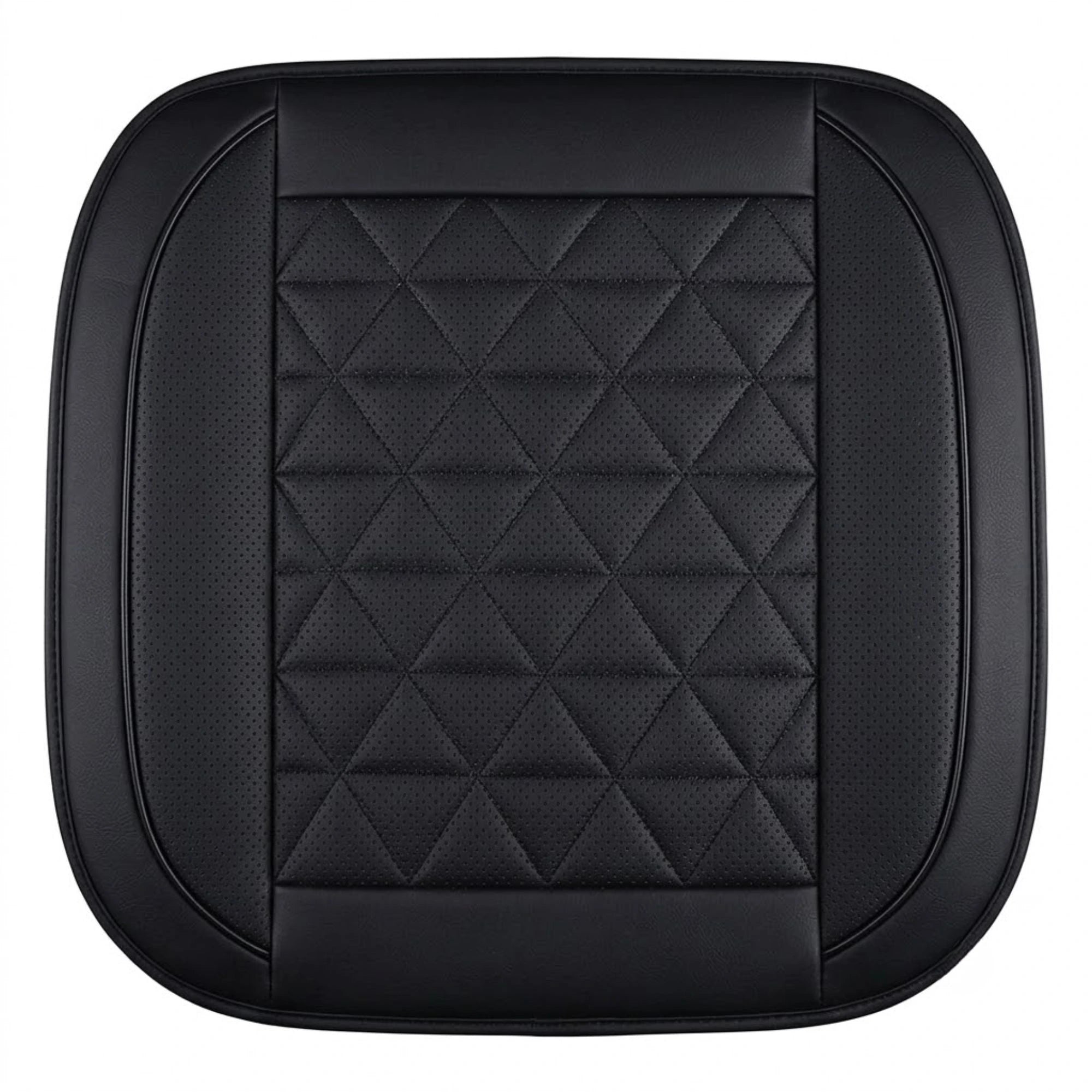 Front Seat Cushion Cover in black with diamond quilting, shown from above on a white background