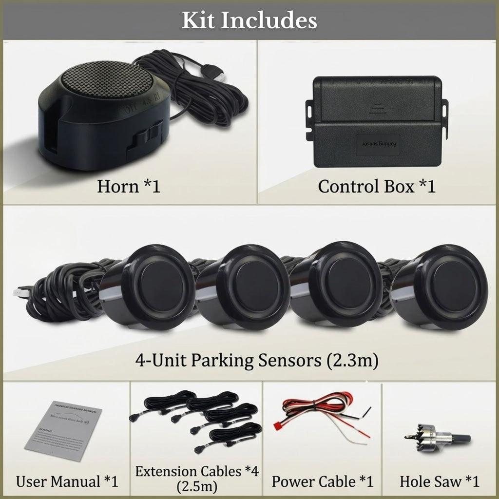 A kit contents graphic showing a black parking sensor and control unit set: a horn, control box, four round parking sensors, extension cables, power cable, hole saw, and user manual, with labels on a light beige background.
