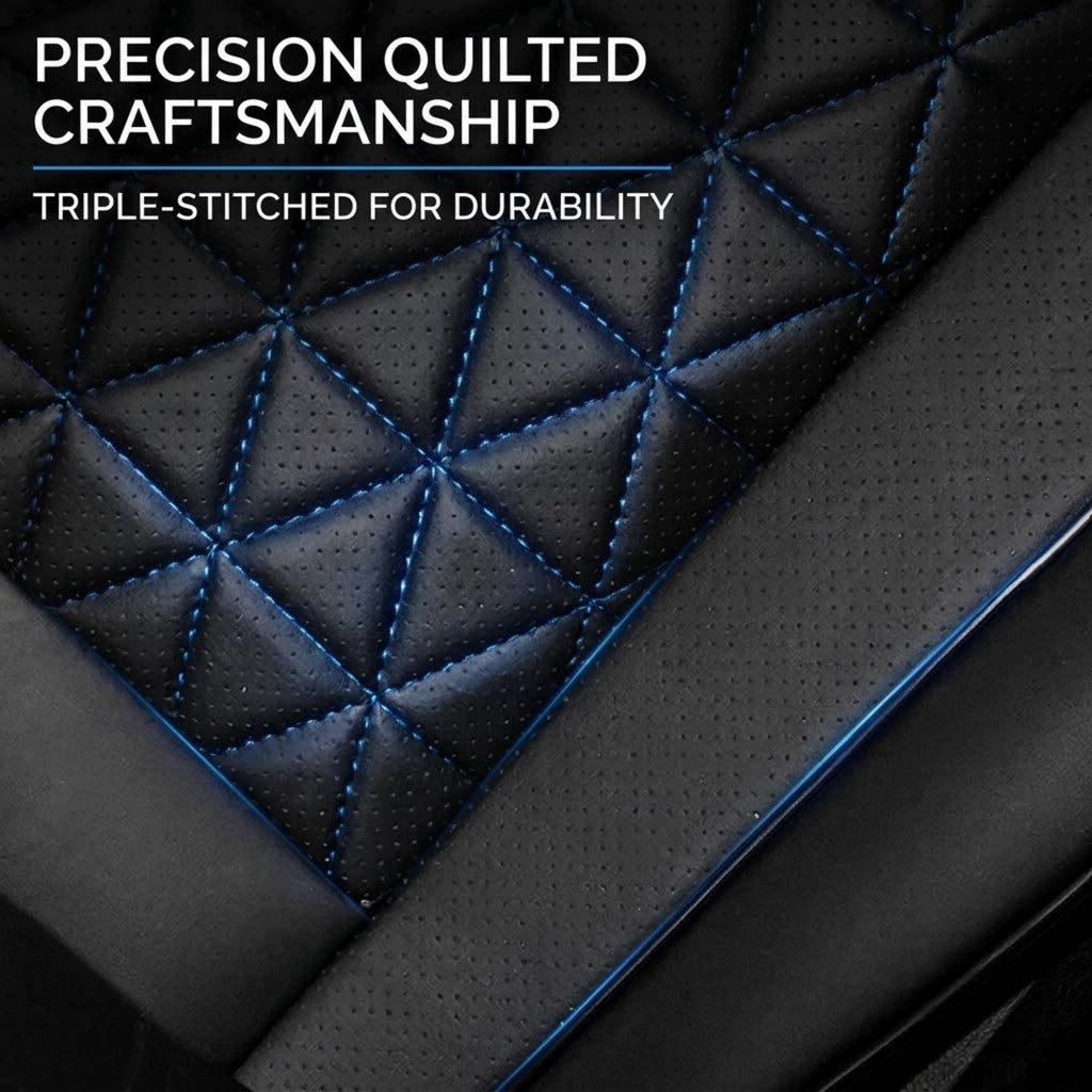 Close-up of a black quilted leather or faux leather seat/backrest with blue contrast stitching and perforated sections, overlaid with the text 'PRECISION QUILTED CRAFTSMANSHIP' and 'TRIPLE-STITCHED FOR DURABILITY'.