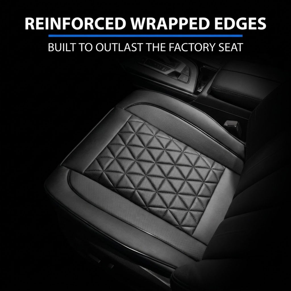 Black car seat cushion pad installed on a car seat, featuring a diamond-quilted center panel and reinforced wrapped edges, with text overlay reading 'REINFORCED WRAPPED EDGES' and 'BUILT TO OUTLAST THE FACTORY SEAT'.