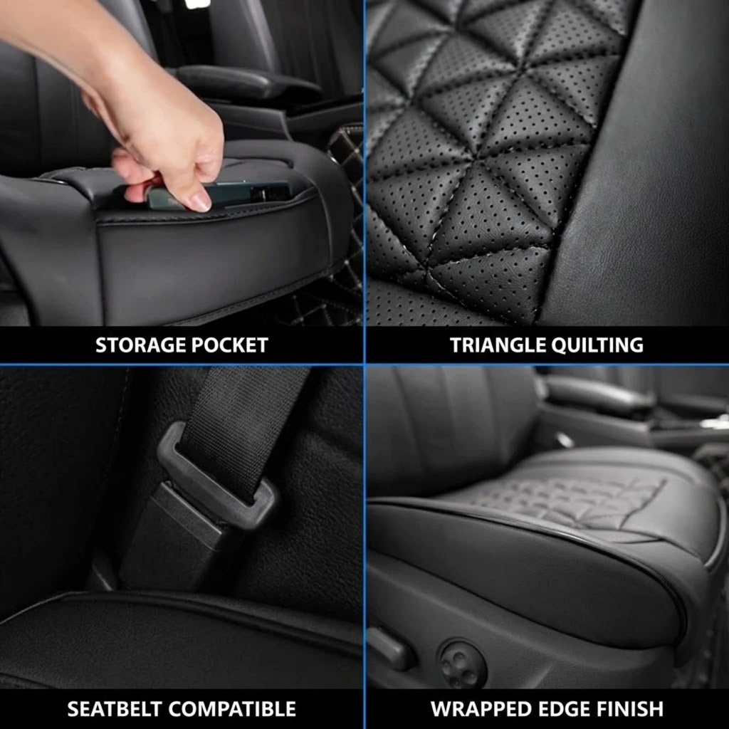 Four-panel product feature collage showing a black car seat cover installed on a vehicle seat. The panels highlight a storage pocket with a hand placing an item, triangle quilting stitching, seatbelt compatibility, and wrapped edge finish.