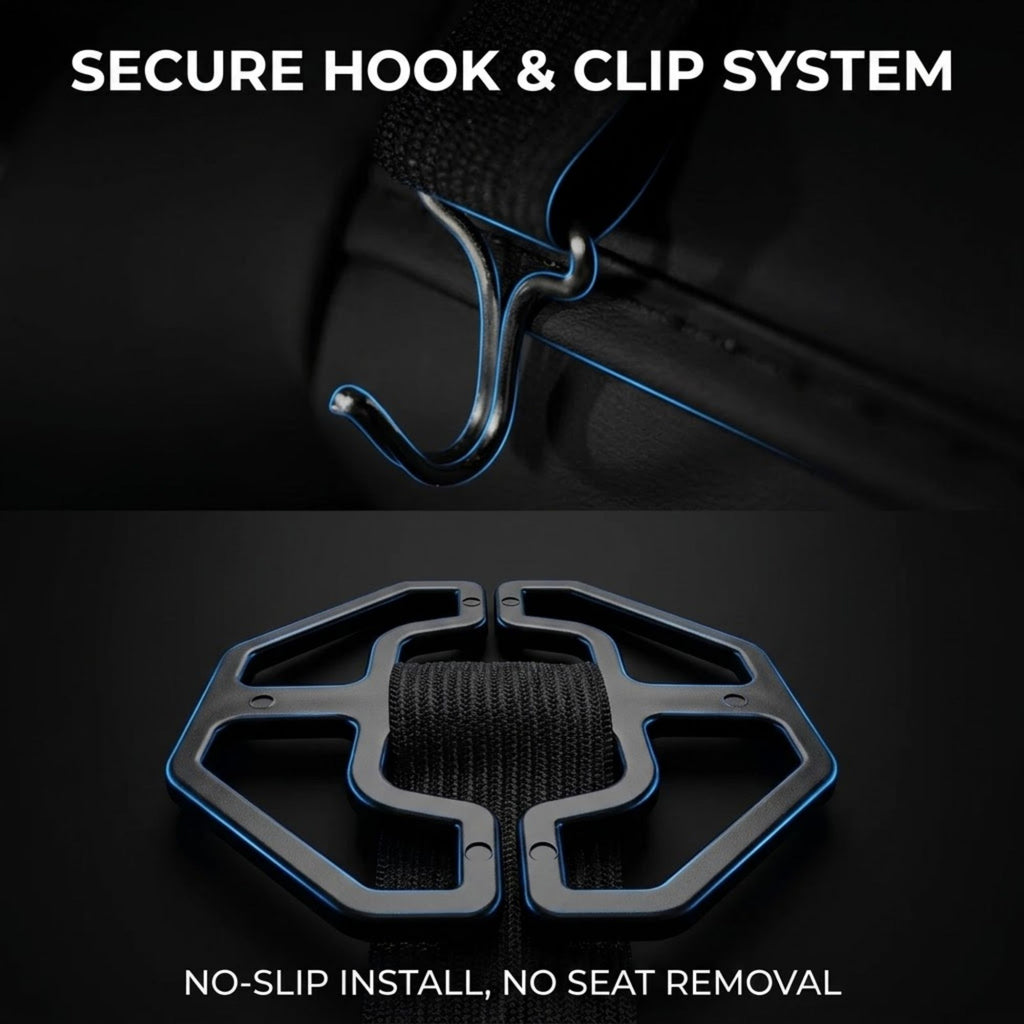 A dark promotional graphic showing a seat belt clip system with the text 'SECURE HOOK & CLIP SYSTEM' at the top and 'NO-SLIP INSTALL, NO SEAT REMOVAL' at the bottom. The top half shows a close-up of a hook attached to a seat belt, and the bottom half shows the clip holding a black strap.
