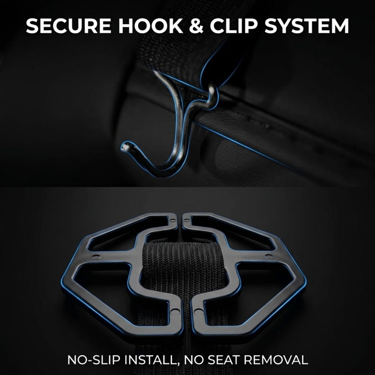 A dark promotional graphic showing a seat belt clip system with the text 'SECURE HOOK & CLIP SYSTEM' at the top and 'NO-SLIP INSTALL, NO SEAT REMOVAL' at the bottom. The top half shows a close-up of a hook attached to a seat belt, and the bottom half shows the clip holding a black strap.
