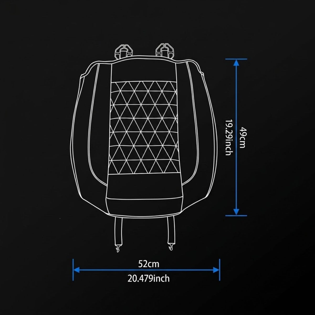 A white line drawing of a car seat backrest with blue dimension arrows and text showing 48 cm height and 52 cm width on a black background.