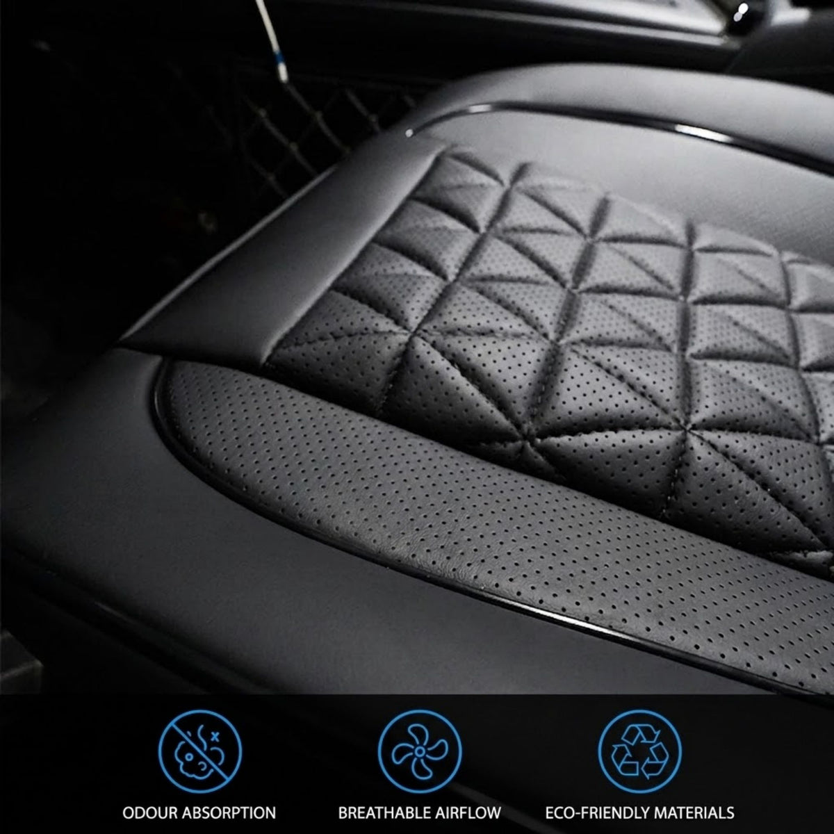 Black car seat cover with diamond-quilted stitching and perforated texture, shown installed on a car seat with feature icons at the bottom.