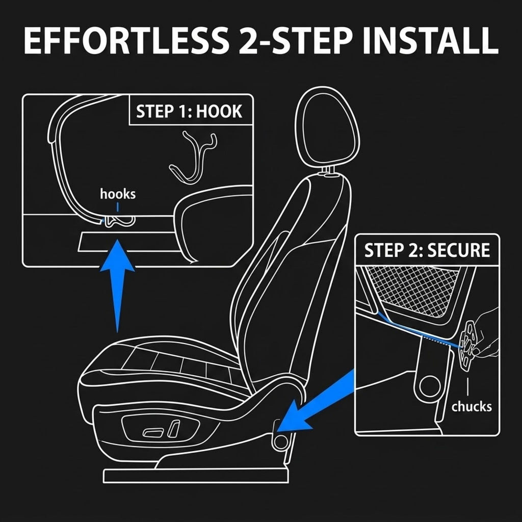 Instruction diagram showing how to install a car seat with two inset panels labeled Step 1: Hook and Step 2: Secure, on a black background with white line art and blue arrows.