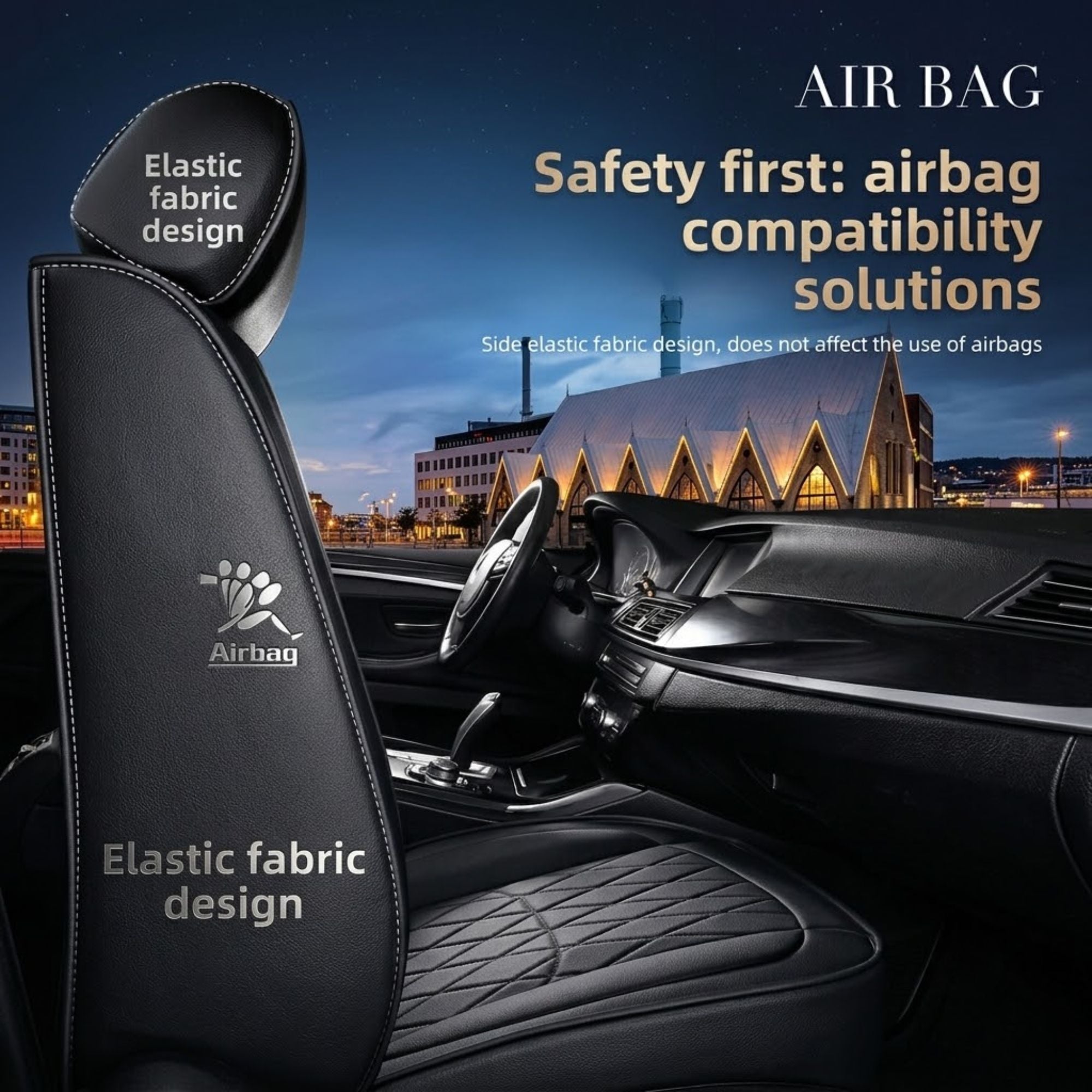 Full Coverage Car Seat Cover with airbag compatible and elastic fabric design shown in a vehicle at night