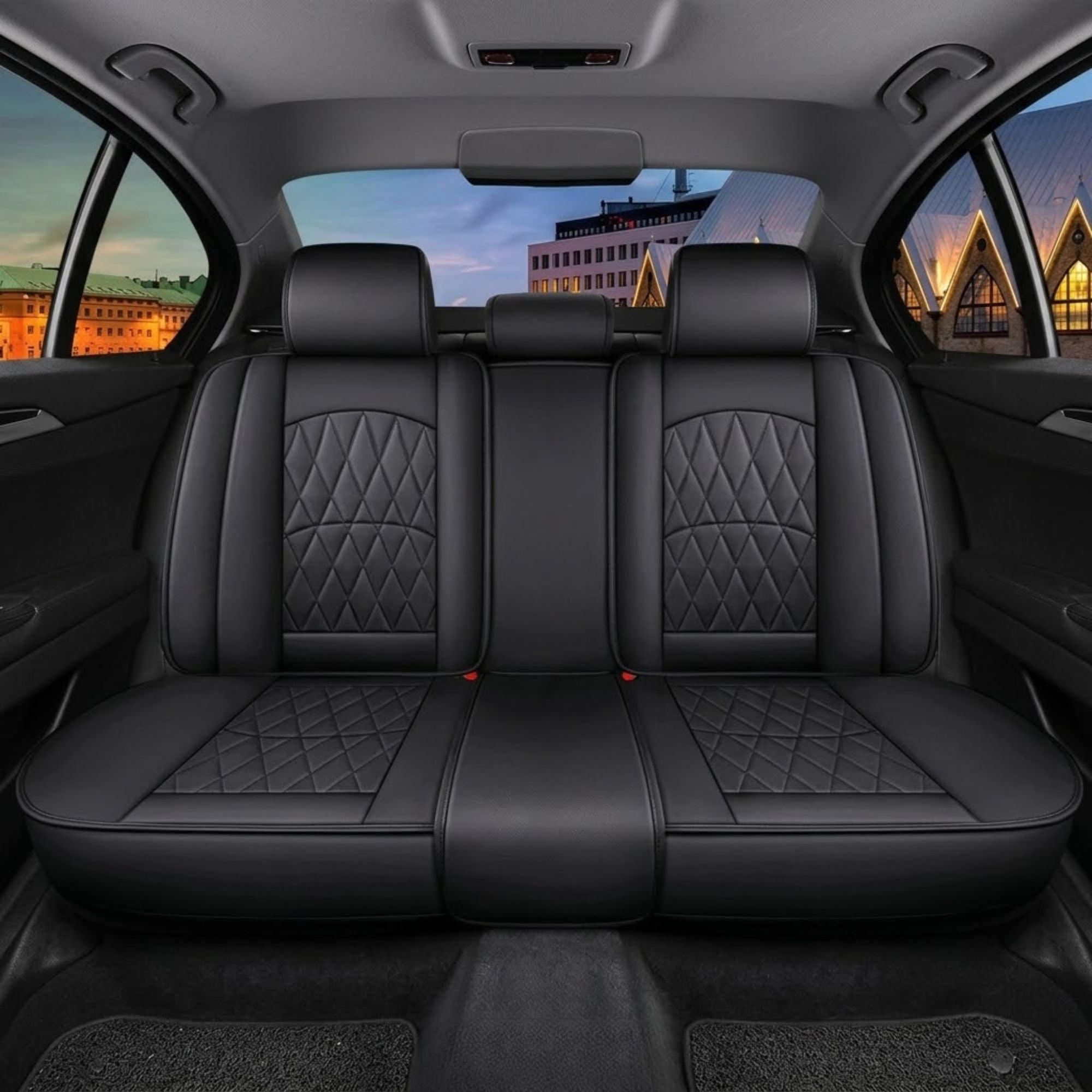 Full Coverage PU Leather Car Seat Covers fitted across front and rear seats at dusk