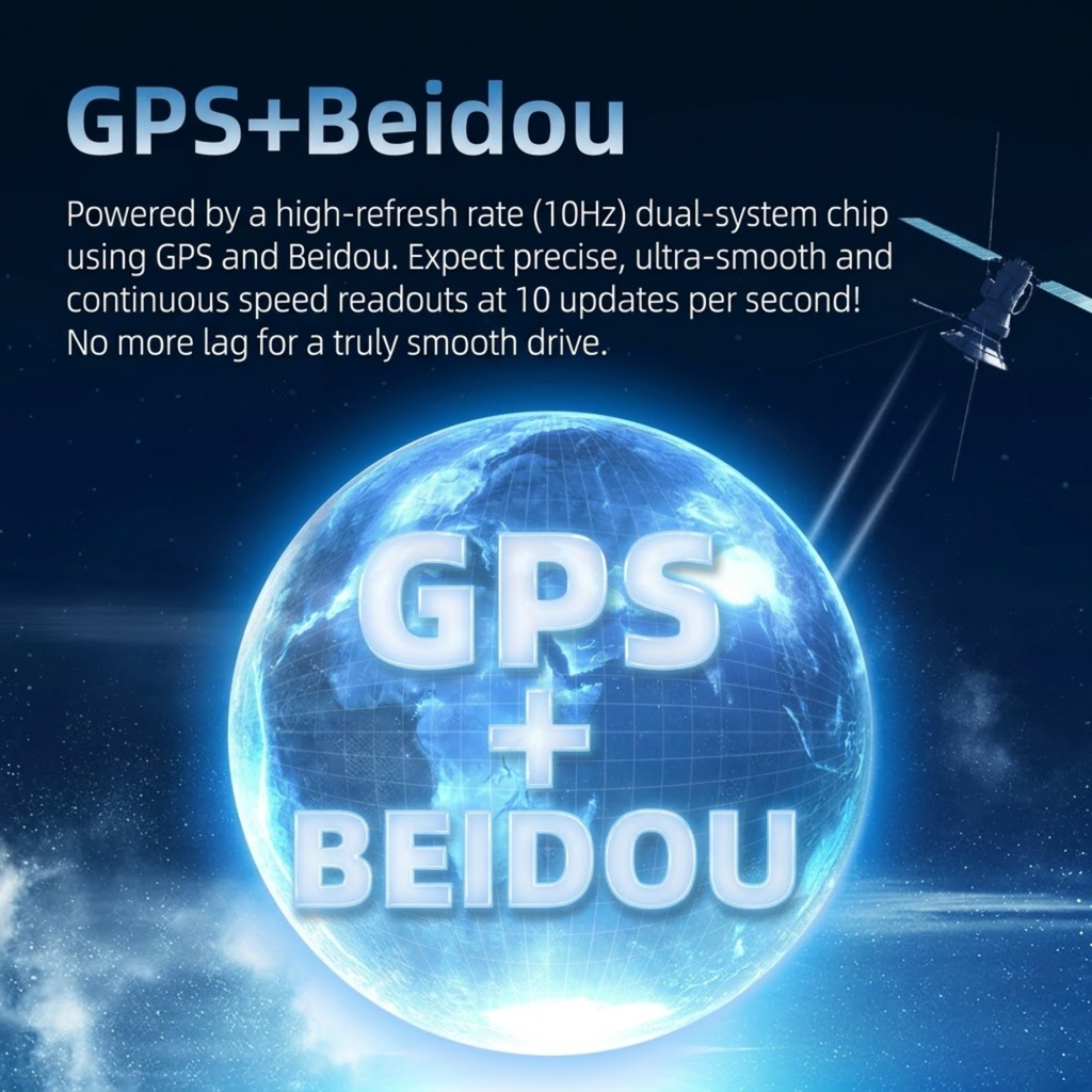 GPS Head-Up Display G3 GPS plus Beidou dual-mode satellite chip graphic illustrating its 10Hz high refresh rate for precise, smooth and lag-free speed readouts, shown over a glowing globe and satellite