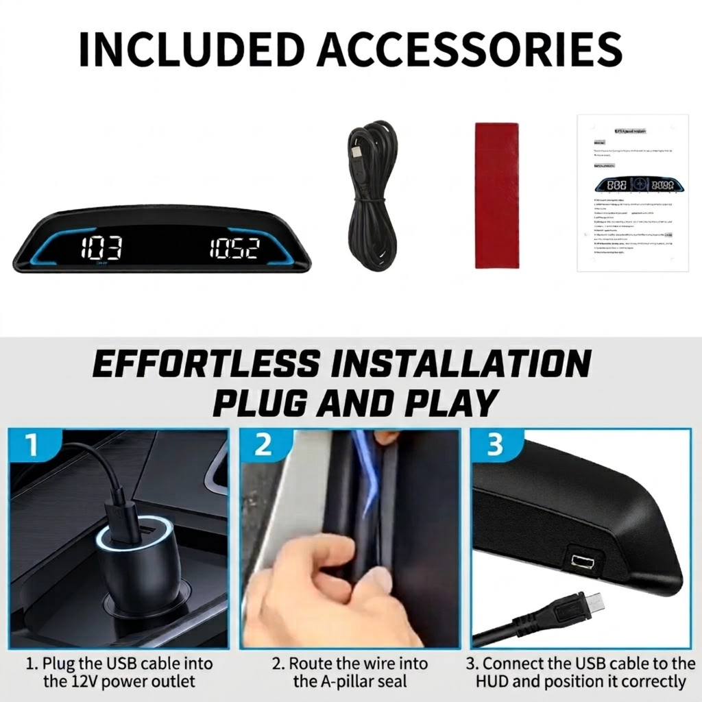 GPS Head-Up Display G3 included accessories showing the unit, USB cable, adhesive mat and manual, plus effortless plug and play installation steps into the 12V power outlet and A-pillar