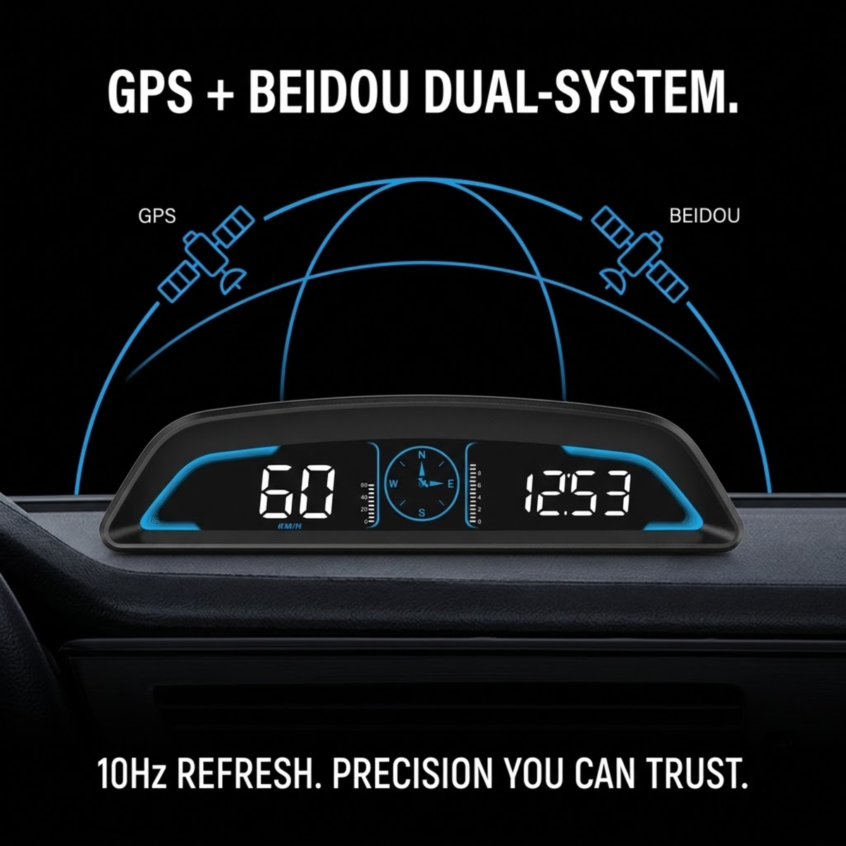 A digital car dashboard display showing a GPS and Beidou dual-system interface, with blue satellite graphics and text on a black background.
