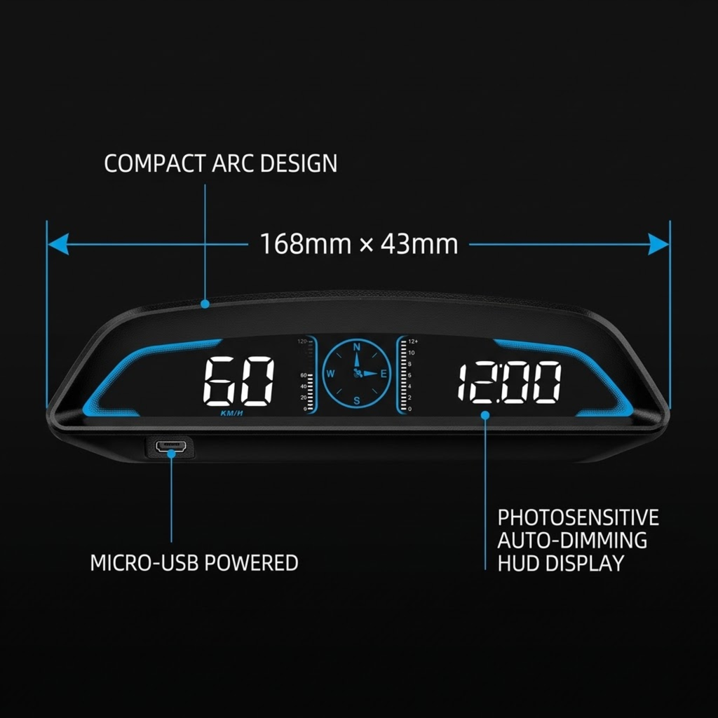 A compact arc-shaped automotive HUD display shown on a black background with labeled dimensions and feature callouts: 168mm x 43mm, photo-sensitive auto-dimming display, micro-USB powered, and compact arc design.