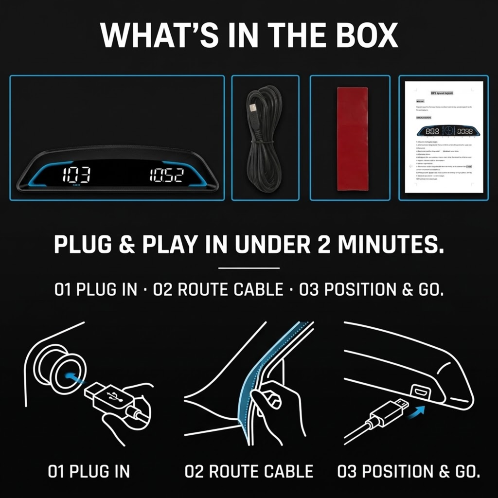 Box contents and setup instructions graphic on a black background, showing a car display screen, a cable, a red mounting piece, a manual, and step-by-step plug-and-play usage diagrams.