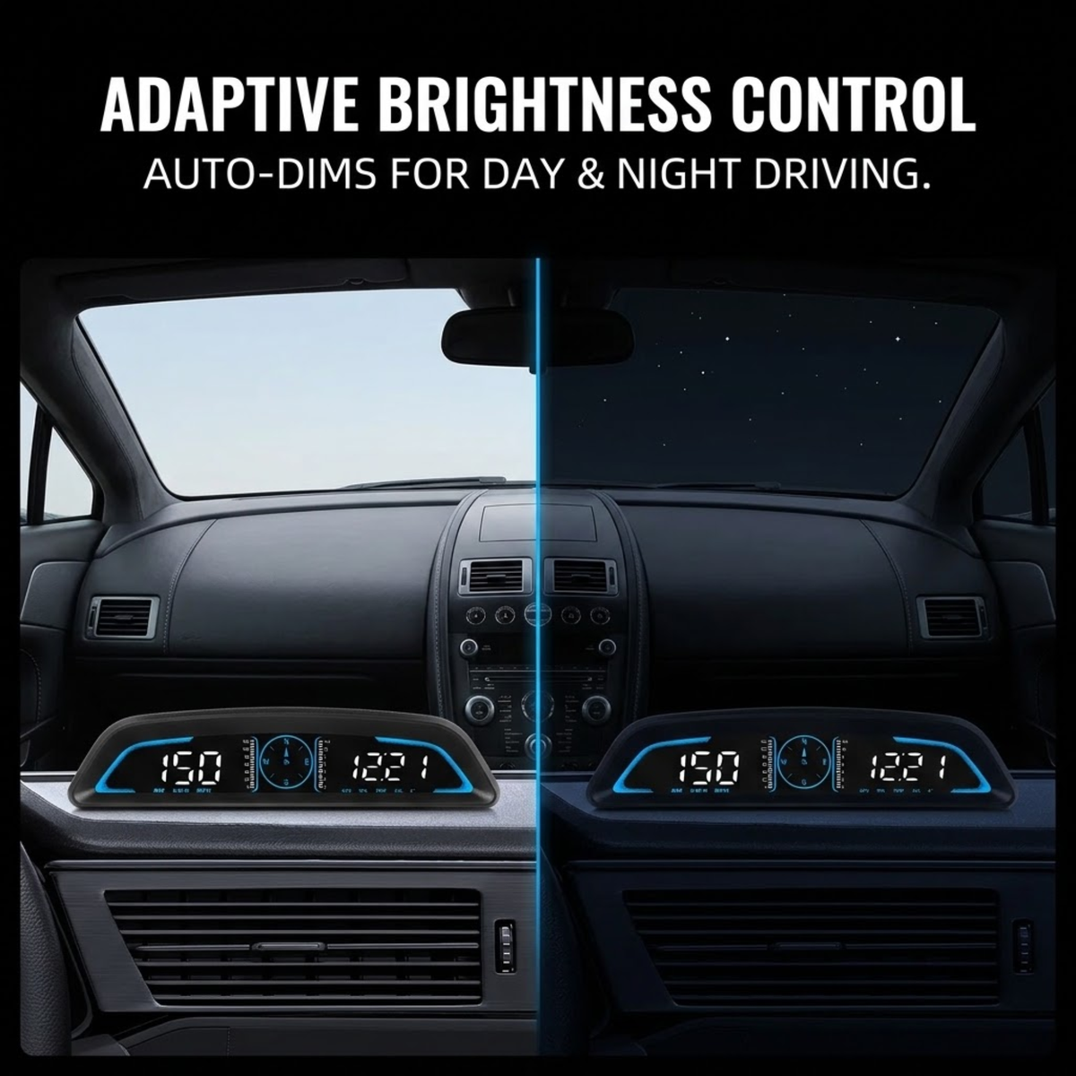 A car dashboard display comparison showing adaptive brightness control. The left half is bright daylight and the right half is dark night driving, with a vertical blue line separating them.