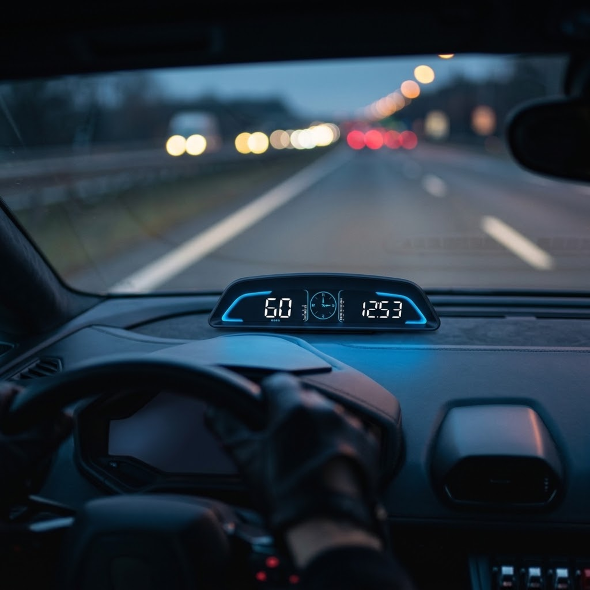 A digital dashboard head-up display mounted on a car's dashboard, showing speed and time information in blue light while a driver's gloved hand rests on the steering wheel, with a blurred highway scene outside.