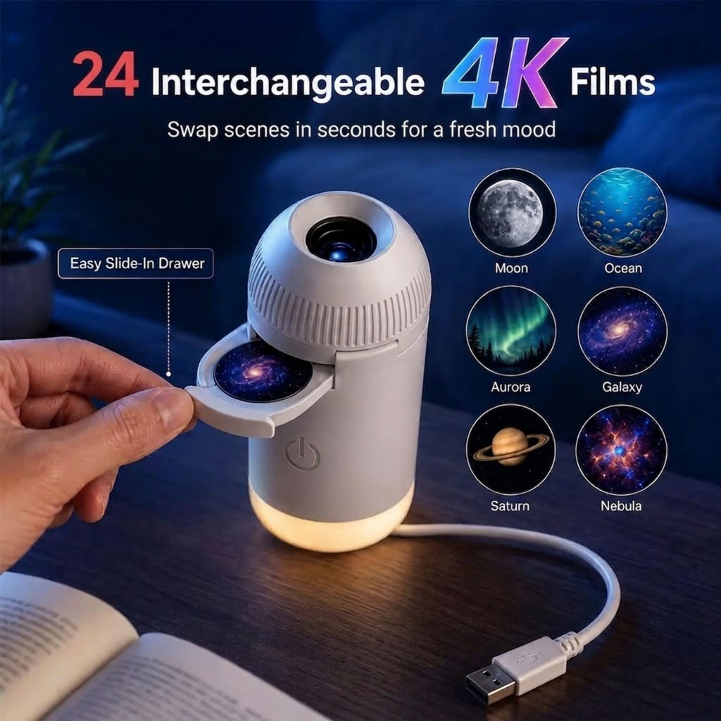 Hand inserting an interchangeable film disc into the Galaxy Star Projector, with a preview of 24 star, planet and nebula scenes
