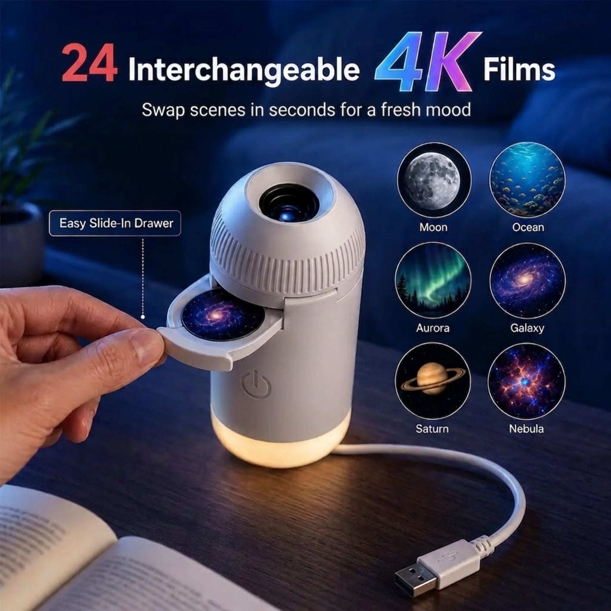 Hand inserting an interchangeable film disc into the Galaxy Star Projector, with a preview of 24 star, planet and nebula scenes