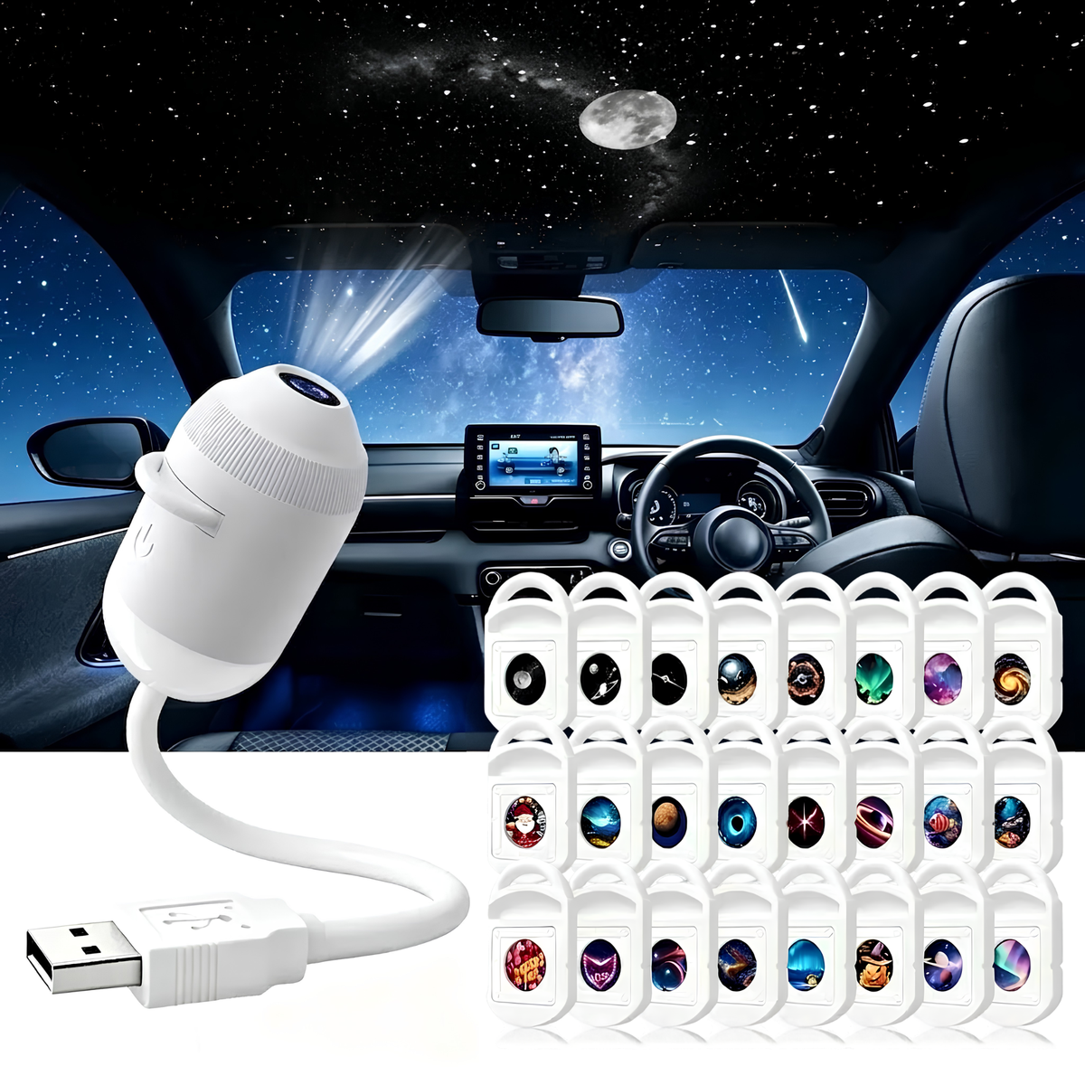 A white USB-powered car star projector lamp shown with its USB connector, alongside a grid of 24 different galaxy and space-themed light patterns, set against a background of a car interior with a starry sky projection on the ceiling.