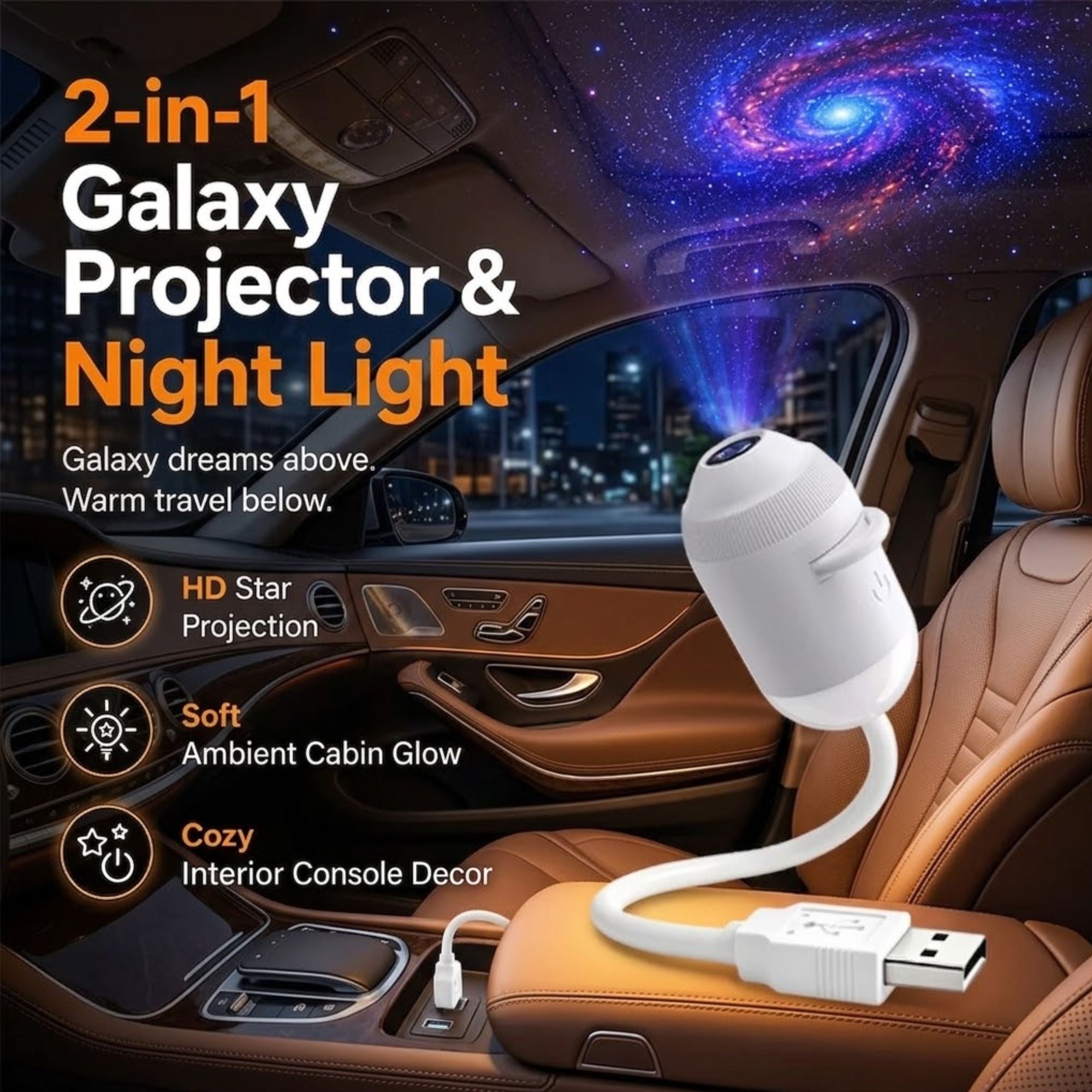 Galaxy Star Projector clipped inside a car, projecting a spiral galaxy and stars across the ceiling