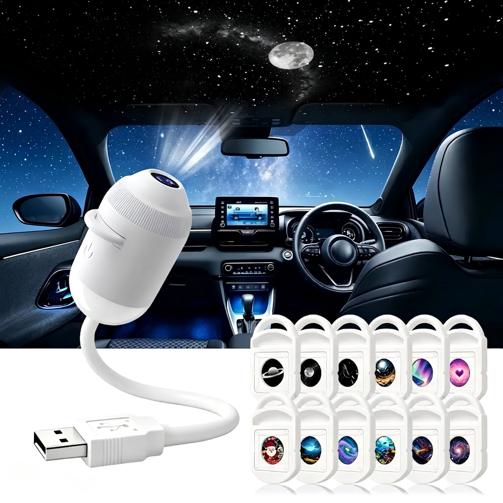 A white USB car ambient light projector shown in a car interior scene with a starry night sky projection, alongside a row of small round decorative light covers displaying different galaxy and space designs.