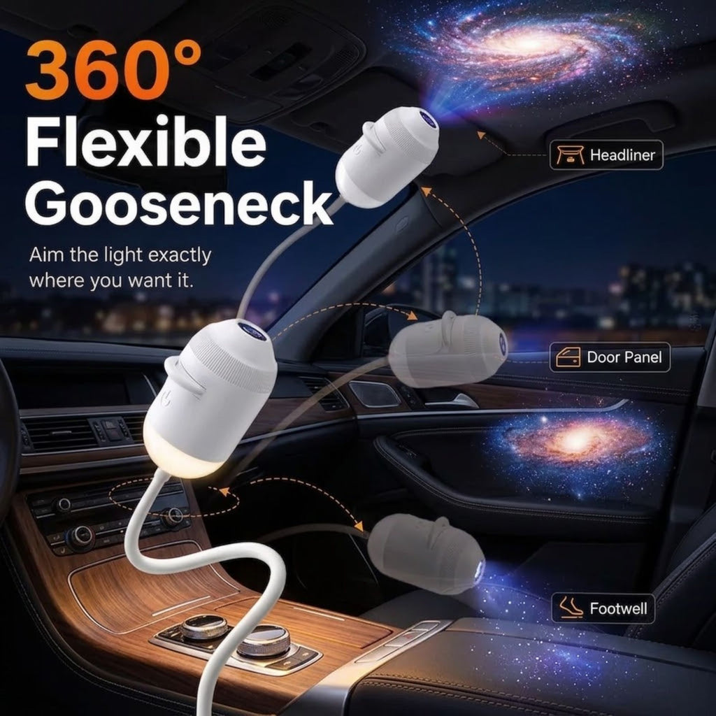 Galaxy Star Projector mounted on a car headliner, door panel and footwell using its 360° flexible gooseneck