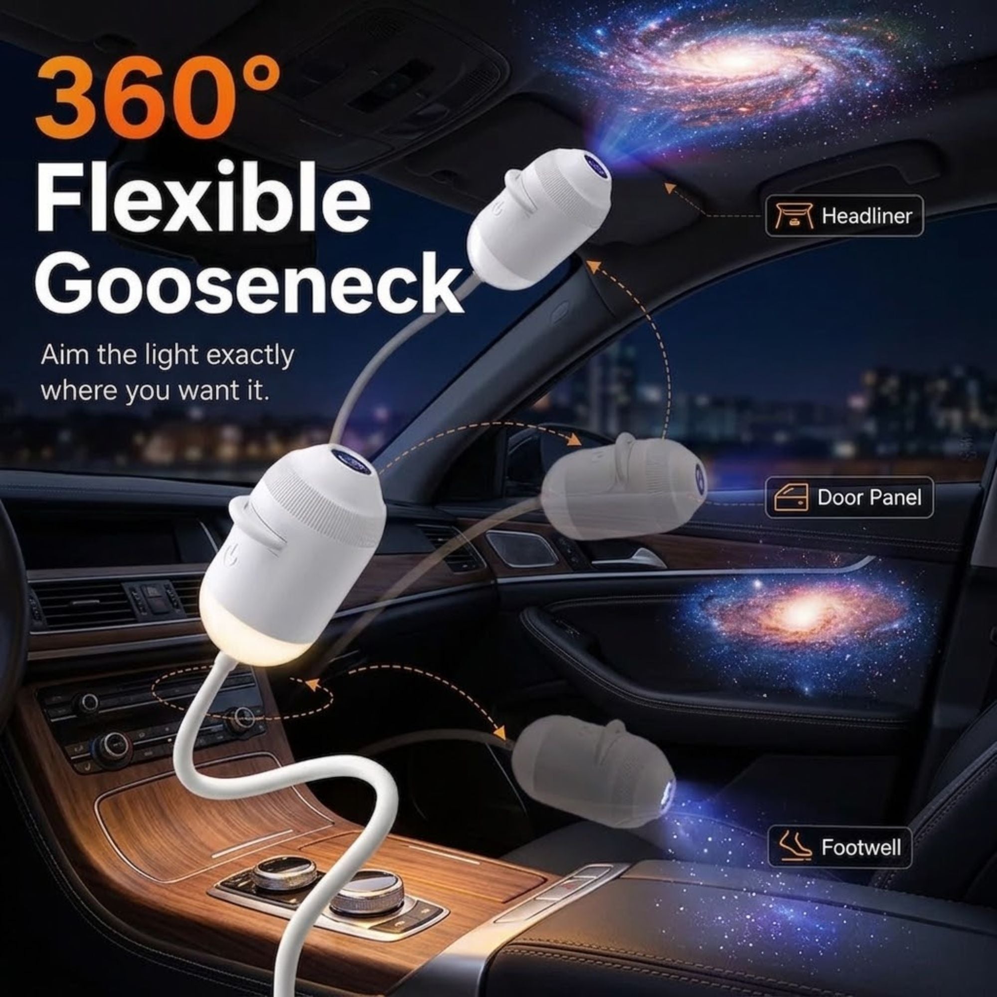 Galaxy Star Projector mounted on a car headliner, door panel and footwell using its 360° flexible gooseneck