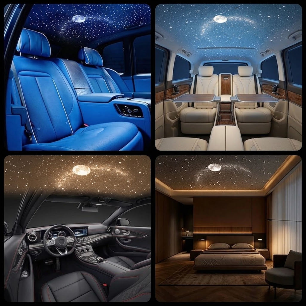 Four car and bedroom interiors showing the Galaxy Star Projector's starry sky and moon projection effect