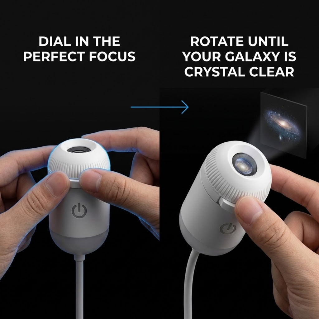 A white galaxy projector shown in a before-and-after demonstration with hands. The left side shows the projector with text 'DIAL IN THE PERFECT FOCUS' and a blue light glow, while the right side shows the text 'ROTATE UNTIL YOUR GALAXY IS CRYSTAL CLEAR' and the projector projecting a clear galaxy image.