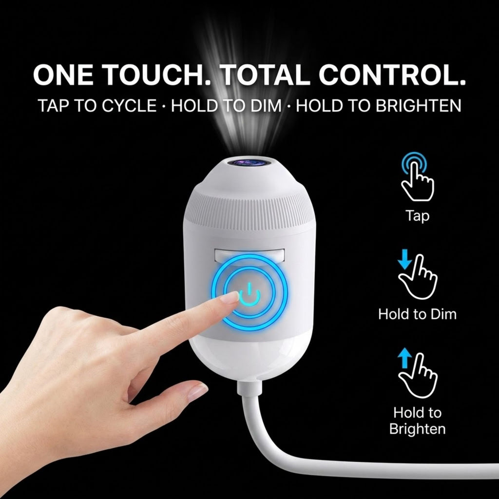 A white handheld electric device with a glowing blue circular button, shown with a human hand touching the button. The image includes marketing text and icons explaining touch controls: 'ONE TOUCH.