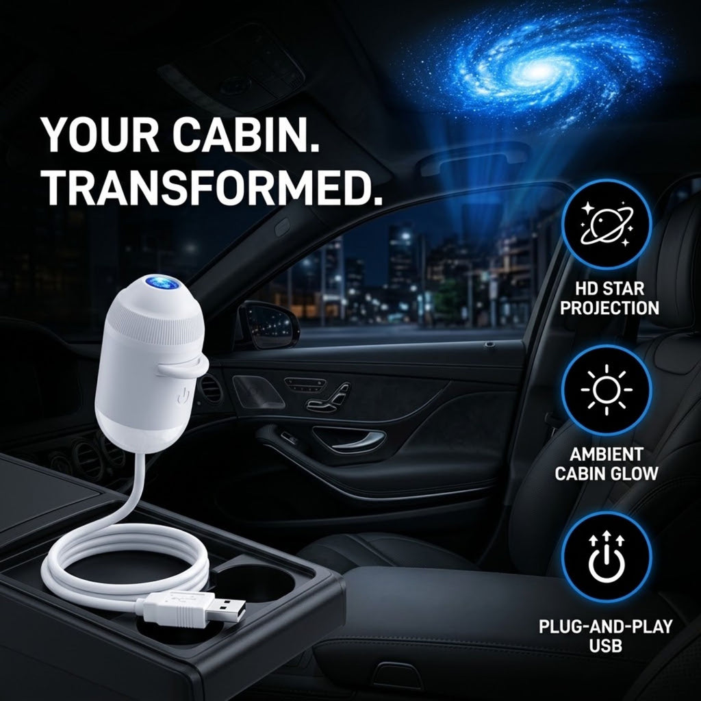 A white USB star projector lamp shown inside a car cabin, with a coiled USB cable in the center console. The image includes marketing text reading 'YOUR CABIN.